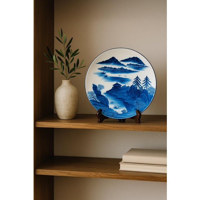 Vintage Japanese Kazan Kiln Arita Ware Blue & White Landscape Plate – Otagiri Japan For Sale - Image 10 of 11