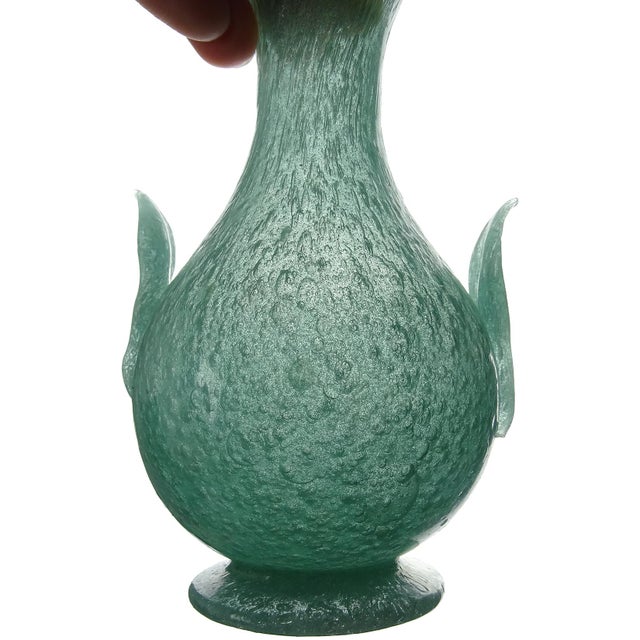 AVeM Italy Antique Murano Avem 1932 Pulegoso Teal Green Bubbles Italian Art Deco Glass Footed Flower Vase For Sale - Image 4 of 9