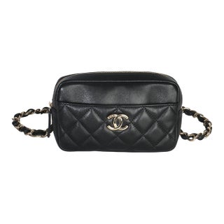 Black Quilted Lambskin Front Pocket Belt Bag For Sale