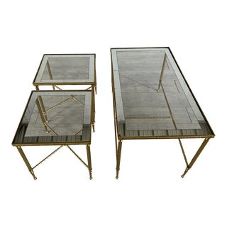 Vintage Mid-Century Modern Maison Jansen Style Bronze Brass and Glass Coffee Table Set For Sale