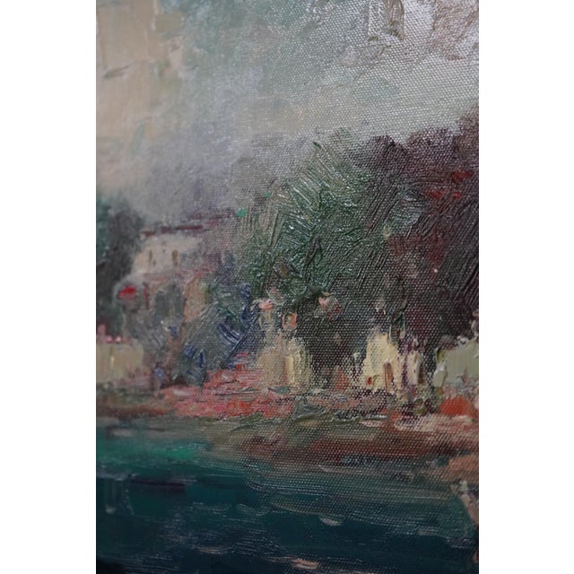 Paint Artist Signed Boat & Village Oil Painting on Canvas For Sale - Image 7 of 12