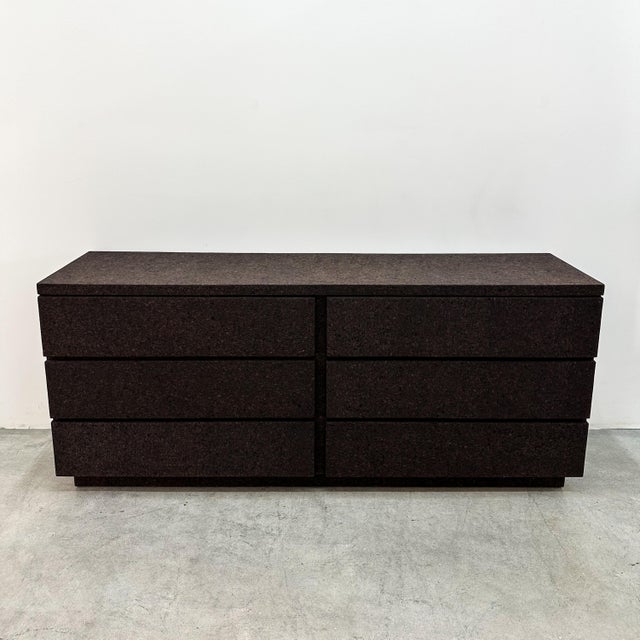 Vintage 6-drawer dresser from the late 1970s–early 1980s, professionally re-veneered in a deep chocolate-brown cork that...