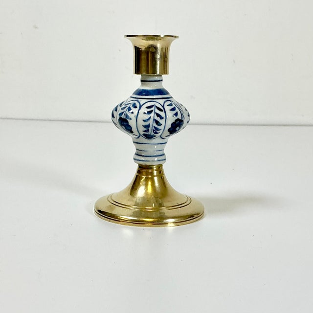 Hollywood Regency Mid-Century Boho Chic Hollywood Regency Ceramic Delft Blue & White, Brass Candle Holder For Sale - Image 3 of 11