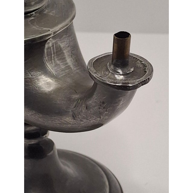 Lot of 2 - 19th C Pewter Whale Oil Fat Lamps W/ Figurine, Wick Pick, European For Sale - Image 14 of 18