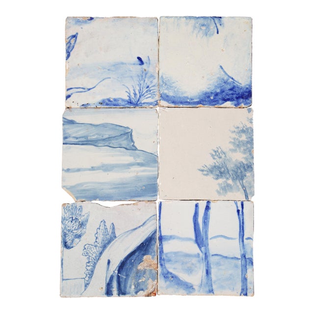 Antique 18th Century Portuguese Baroque Blue & White Tiles With Pastoral Landscape Motifs Set of 6 For Sale