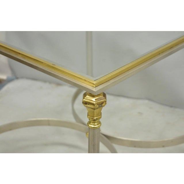 Silver Vintage French Directoire Maison Jansen Style Steel Brass Low Square Side Table For Sale - Image 8 of 17
