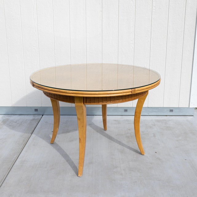 Wood Vintage Round Woven Wicker & Rattan Herringbone Parquetry Dining Table - 48" For Sale - Image 7 of 13
