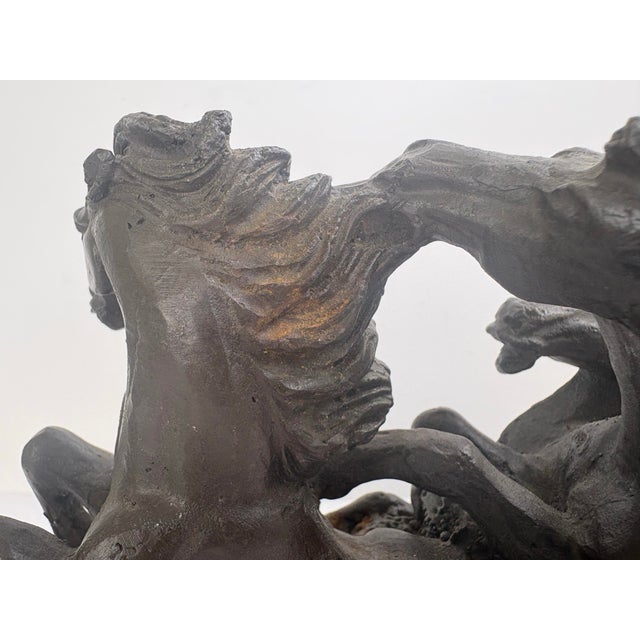 Vintage Cast Iron Galloping Horses Sculpture With Bronze-Tone Finish on Black Base For Sale - Image 11 of 12