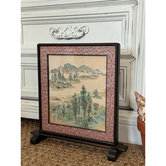 Traditional 1960s Asian Hand-Painted Landscape Tabletop Screen | Traditional Oriental Desk Decor For Sale - Image 3 of 11