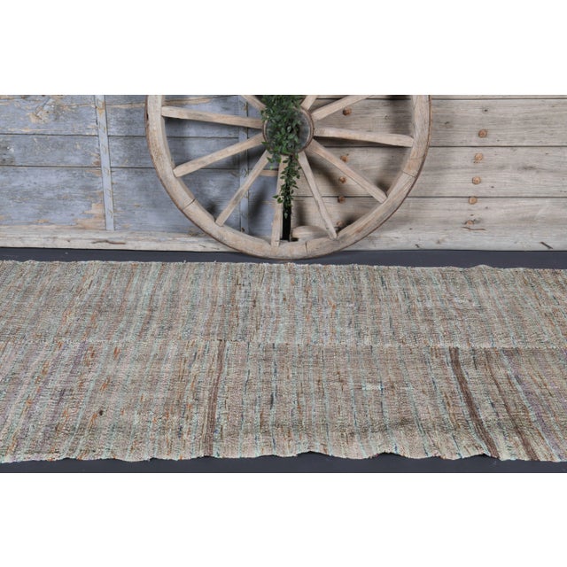 Boho Chic Vintage Turkish Hand-Knotted Wool Cotton Green Kilim Runner Rug For Sale - Image 3 of 10