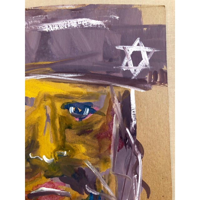 Folk Art Outsider Folk Art Expressionist Rabbi Israeli Painting Signed Hebrew Jewish Star For Sale - Image 3 of 7