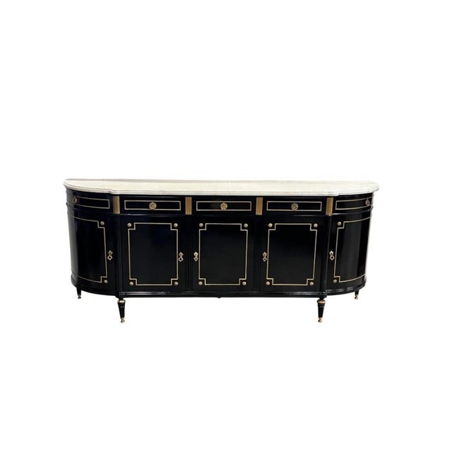 French Louis XVI Style Ebonized Enfilade Buffet With Carrara Marble Top Bronze Mounts For Sale - Image 3 of 12