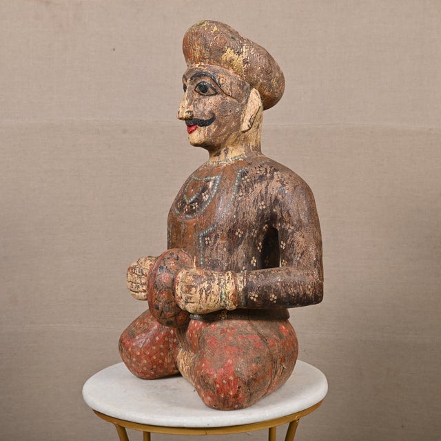 Vintage Wooden Musical Man Statue Indian Hand Painted Figurines Chairish