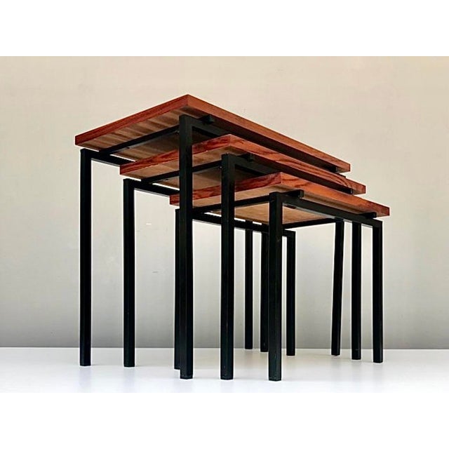 Pastoe Nesting Tables in Teak and Black Iron by Cees Braakman for Pastoe, 1950s, Set of 3 For Sale - Image 4 of 13