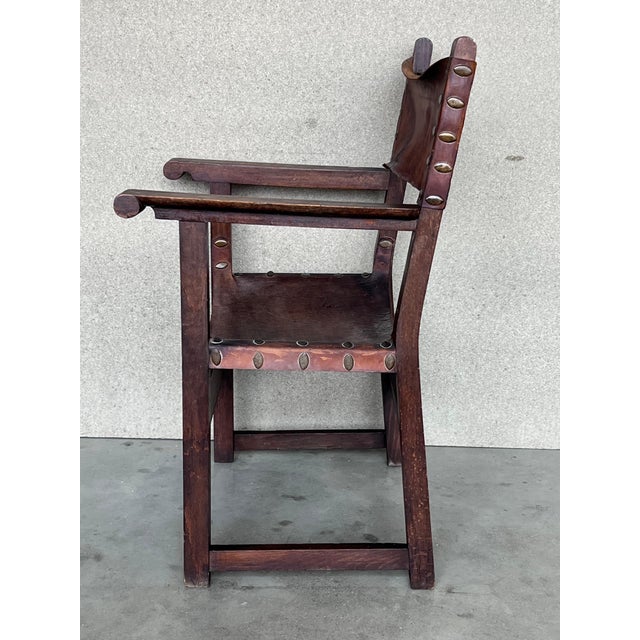 Baroque Pair of 19th Century Spanish Colonial Style Carved Armchairs with Leather For Sale - Image 3 of 18