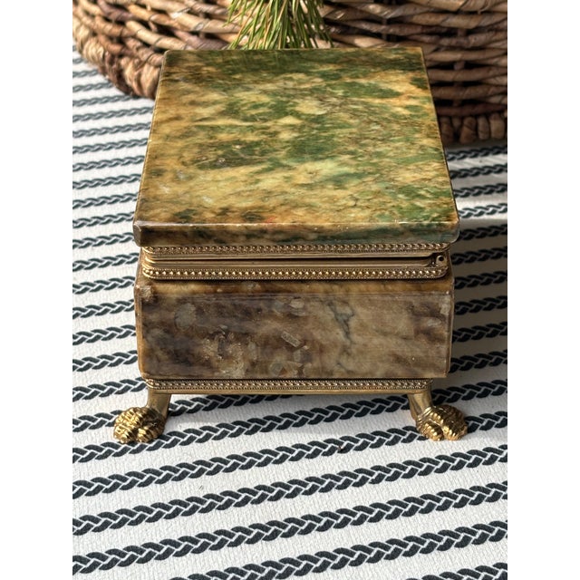 Mid-Century Italian Grand Tour Green Alabaster Box With Brass Paw Feet For Sale - Image 9 of 15