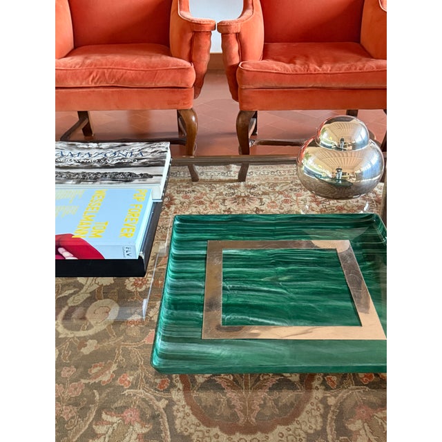 Hollywood Regency Malachite Effect Resin & Brass Tray, Italy 1970s For Sale - Image 12 of 13