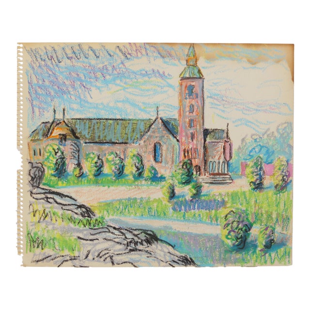 50s Swedish Folk Art Oil Pastel Painting, Church in Pink, Sky Blue, Purple & Spring Green For Sale