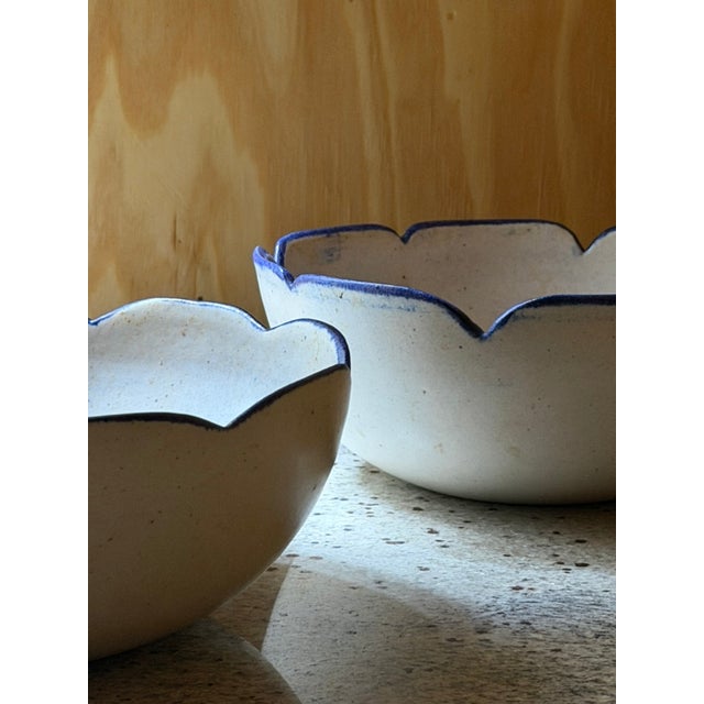 Hand-Thrown Ceramic Bowls with Scalloped Rim and Hydrangea Motif, 1980s, Set of 2 For Sale - Image 14 of 16