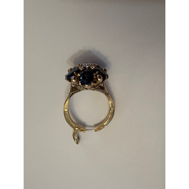 Metal 14k Yellow Gold, Blue Sapphire and Diamond Flower Cluster Ring With Arthritic Shank., Size 6.25 to 7 For Sale - Image 7 of 9