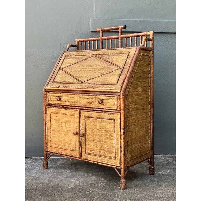 Wood Vintage Tortoise Burnt Rattan Drop Front Desk For Sale - Image 7 of 12