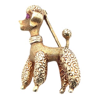 14k Yellow Gold Poodle Brooch With Ruby Eyes For Sale