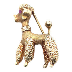 14k Yellow Gold Poodle Brooch With Ruby Eyes