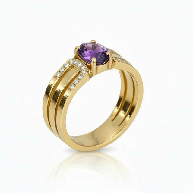 Modern Split Shank Oval Amethyst Engagement Silver, Gold Ring, Size 9.5 For Sale - Image 3 of 7