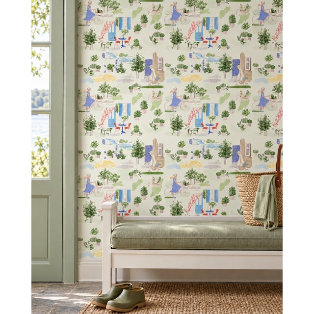 Traditional Farmer's Market Toile Grasscloth Wallpaper by House Party | 6 Yards For Sale - Image 3 of 9