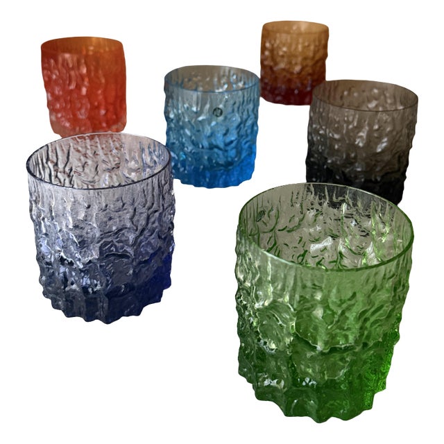 Italian Textured Bark Glasses in the style of Geoffrey Baxter, 1960s, Set of 6 For Sale