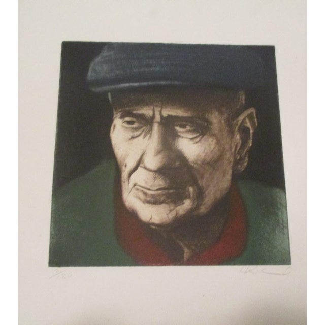 Unusual and rare aquatint etching of Pablo Picasso. Unframed, sheet size is 10" x 14", with the image itself measuring 7"...