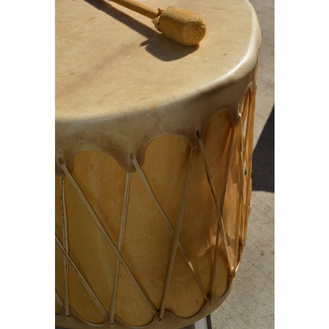 Wood Set of 2, 1970s Native American Style Pow Pow Taos Pueblo Rawhide / Skin & Wood Large Round Drum & Mallet For Sale - Image 7 of 15