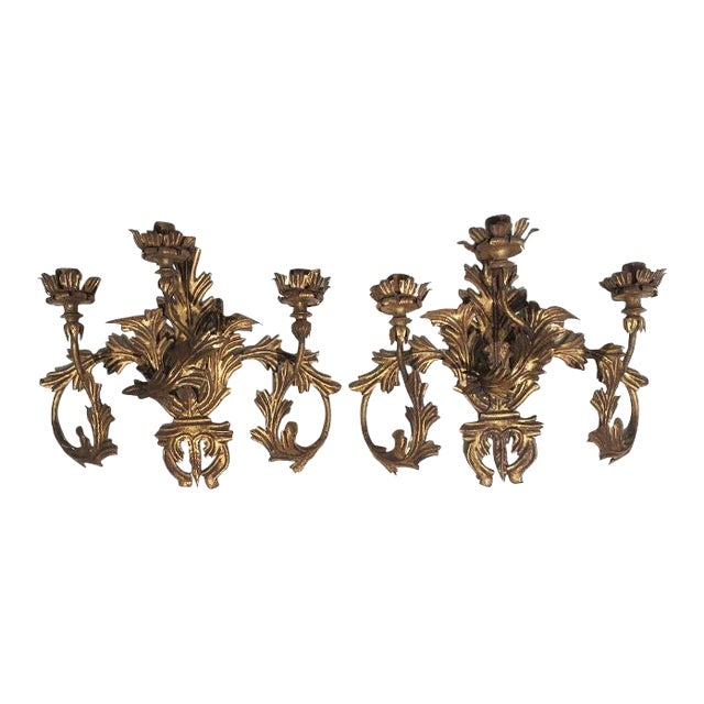 1920s Antique Gilt Tole 3 Arm Hard Wired Sconces Italy - a Pair For Sale