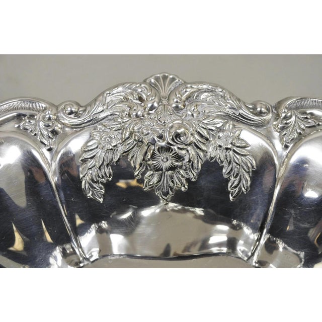 Victorian Early 20th Century Victorian Silver Plated Floral Repousse Trinket Dish Serving Fruit Bowl Platter For Sale - Image 3 of 11