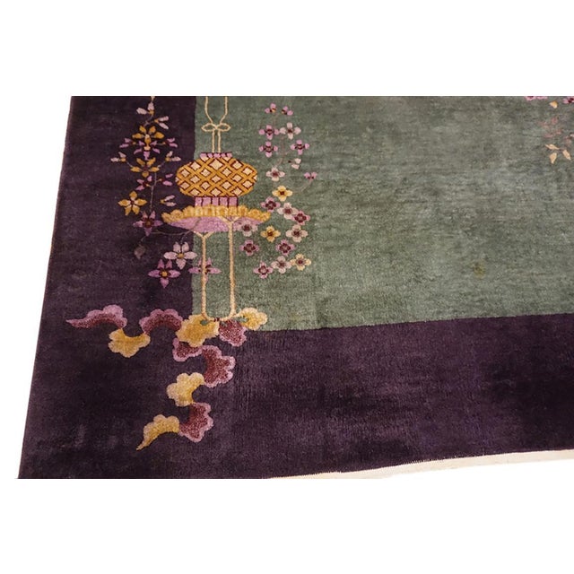 Early 20th Century 1920s Green Floral Modern Antique Hand Knotted Pile Wool Chinese Art Deco Carpet 7'11" X 9' 4" Rug For Sale - Image 5 of 6