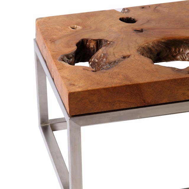 Coffee Rustic Solid Teak Top and Stainless Steel Base Coffee Table For Sale - Image 8 of 9