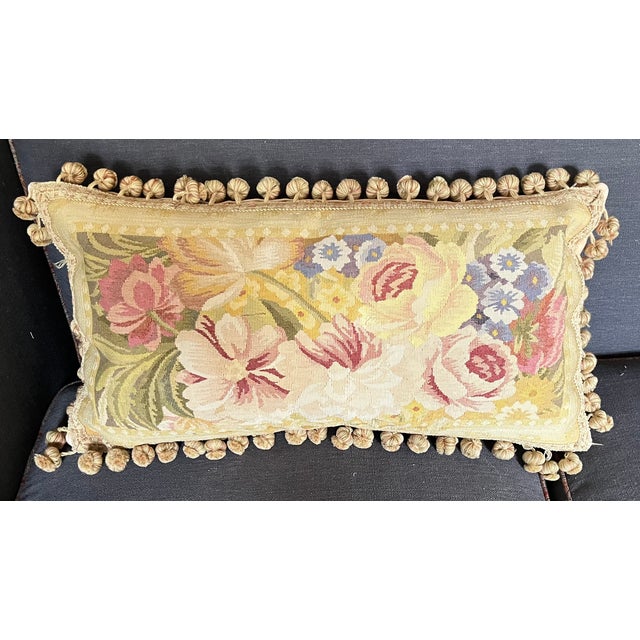 Antique 18th Century French Aubusson Tapestry Pillow With Passementerie Trim and Ball Tassel Fringe For Sale - Image 15 of 16