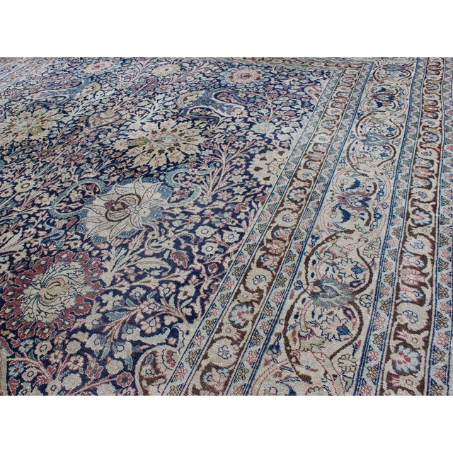 Navy Blue Antique Persian Fine Tabriz Rug With All-Over Large Scale Flowers For Sale In Atlanta - Image 6 of 12