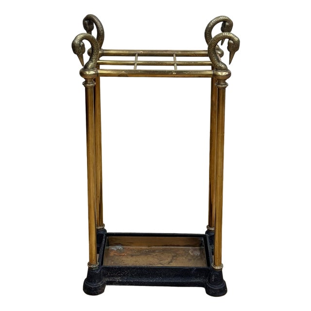 Vintage Chapman Swan Head Brass and Iron Umbrella Stand For Sale