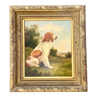Vintage Landscape Oil Painting With Dog For Sale