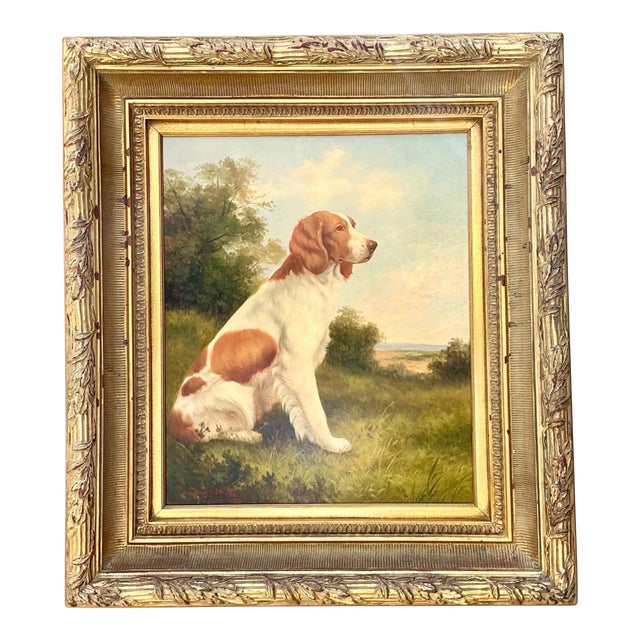 Vintage Landscape Oil Painting With Dog For Sale