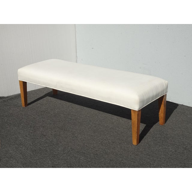 Modern Modern White Bed Side Bench With Brown Legs & Designer Fabric For Sale - Image 3 of 12