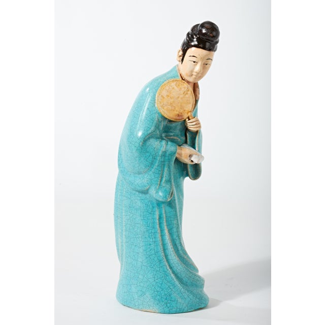 Figurative Early 20th Century Chinese Figurine of Lady in Blue With Fan For Sale - Image 3 of 17