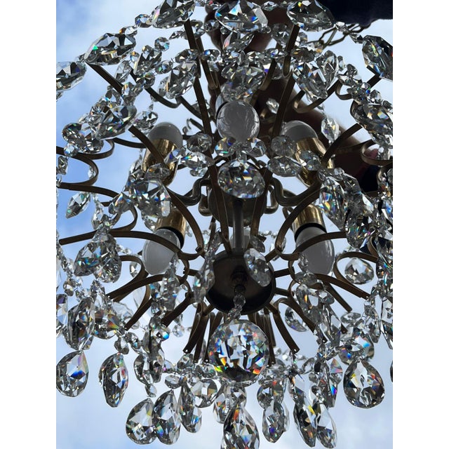 Hollywood Regency Art Deco Basket Chandelier in Brass & Crystal Ceiling Lamp For Sale - Image 16 of 18
