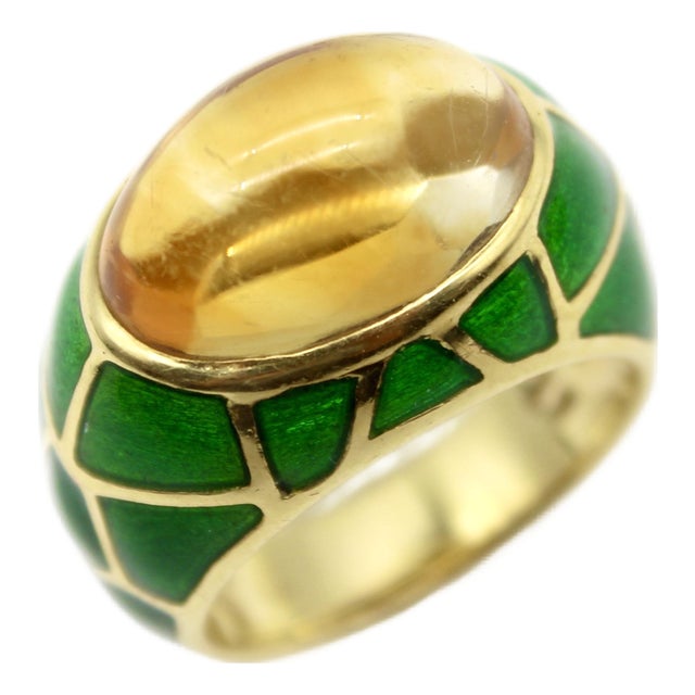 Vintage 18k Gold Citrine Cabochon and Green Enamel Roberto Legnazzi Ring, Size 7.25 For Sale