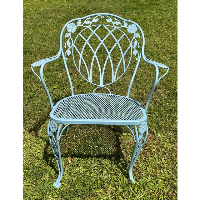 Baby Blue Vintage Woodard Chantilly Rose Wrought Iron Patio Table & 4 Chairs, Attributed For Sale - Image 8 of 10