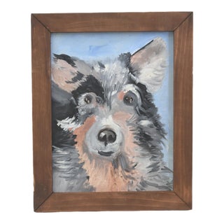 Charming Folk Art Doggie Dog Puppy Oil Painting Including the Brown Wood Frame For Sale