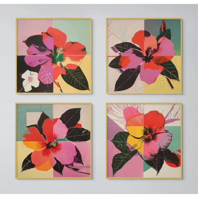 Wood Set of 4 - Art Wall Installation 40' X 40' - 'Pop Art Flowers' #7 - Limited Edition Botanical Photograph Print in the Style of Andy Warhol For Sale - Image 7 of 9