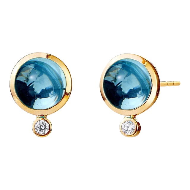 Syna Yellow Gold Blue Topaz Studs with Champagne Diamonds, a Pair For Sale