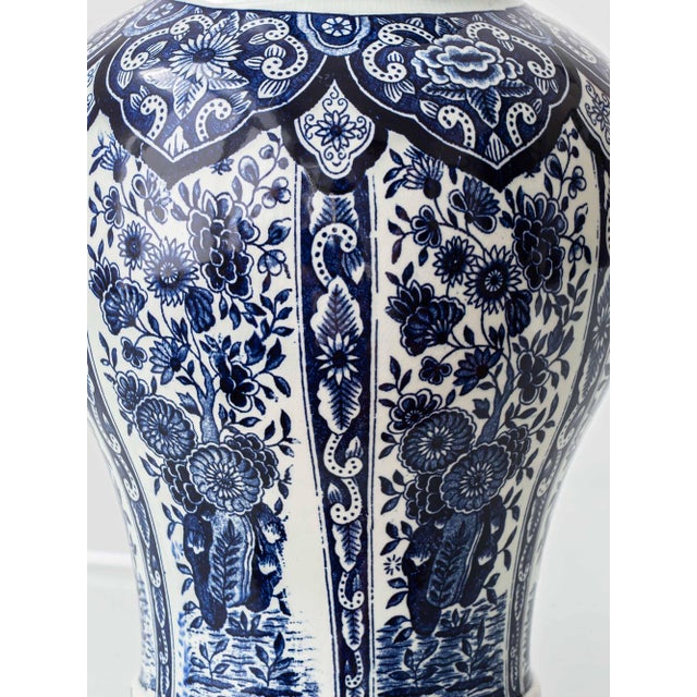 Delft Blue Ceramic Table Lamps with Persimmon Silk Shades from Boch Frères, 1960s, Set of 2 For Sale - Image 17 of 18